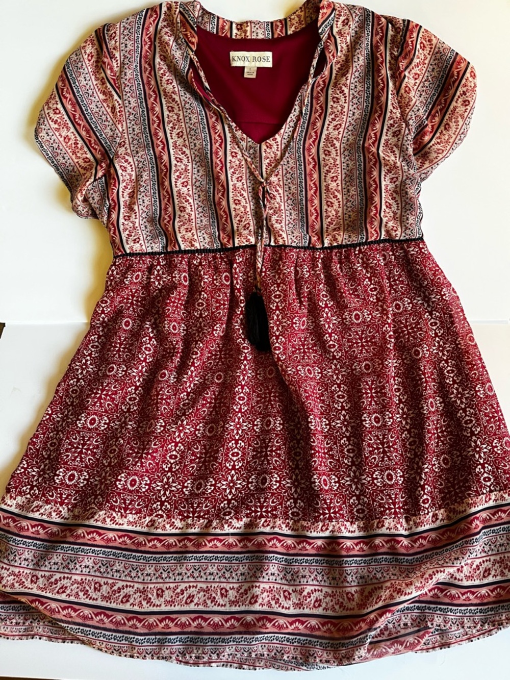 Knox Rose Boho Tassel Tunic Dress - Burgundy & Ivory Pattern western hippie 70s